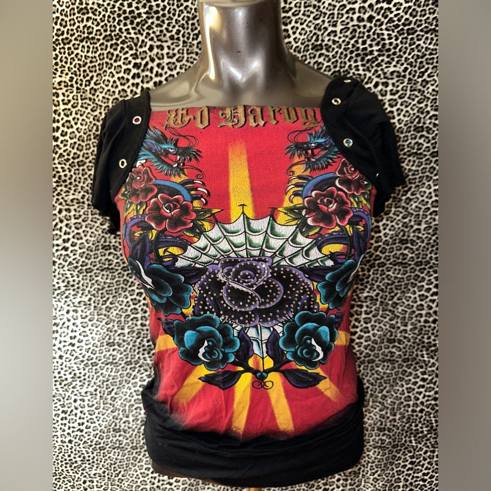 Vtg Ed Hardy Grommet/Embellished Top